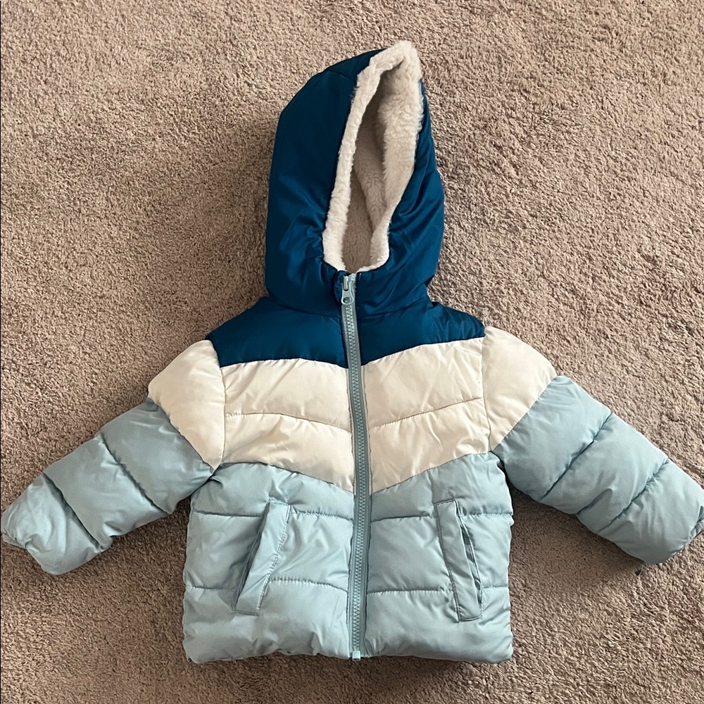 Swiss Tech Kids Colorblock Puffer Jacket in Navy, White & Light Blue